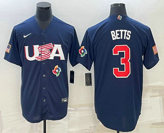 Mens USA Baseball #3 Mookie Betts 2023 Navy World Baseball Classic Stitched Jersey